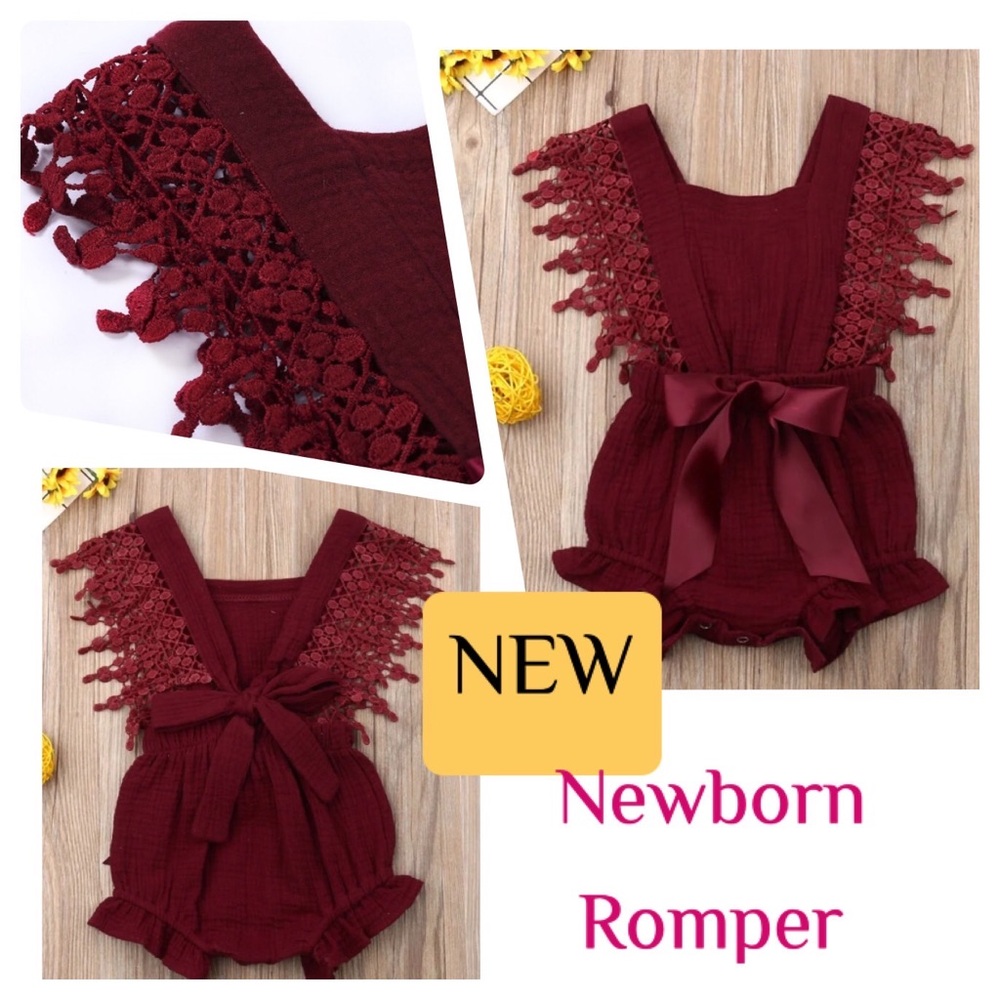 Burgundy Newborn Romper with Lace Sleeves